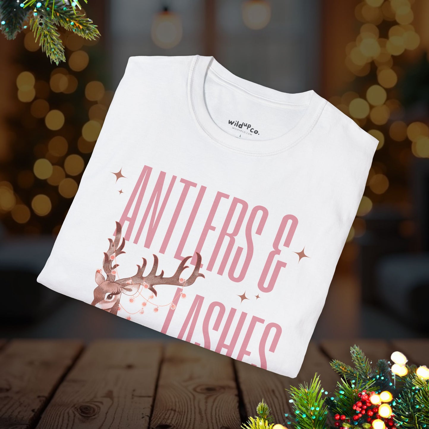 Antlers & Lashes On Point Tee — Cute Pink Reindeer Graphic T-Shirt