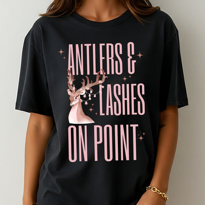 Antlers & Lashes On Point Tee — Cute Pink Reindeer Graphic T-Shirt