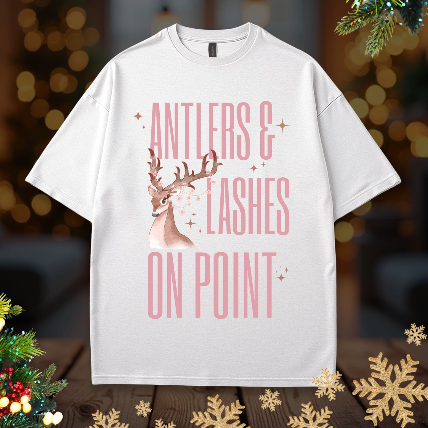 Antlers & Lashes On Point Tee — Cute Pink Reindeer Graphic T-Shirt