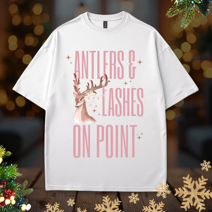 Antlers & Lashes On Point Tee — Cute Pink Reindeer Graphic T-Shirt
