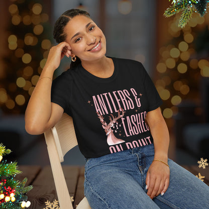 Antlers & Lashes On Point Tee — Cute Pink Reindeer Graphic T-Shirt