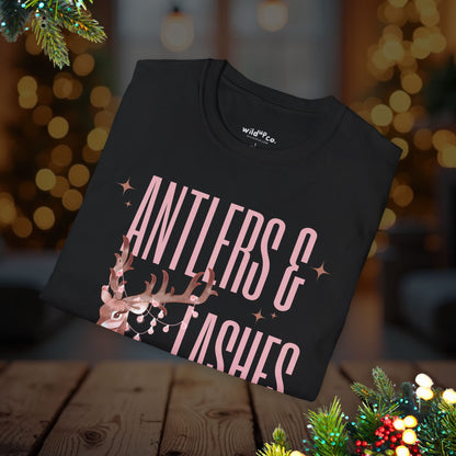 Antlers & Lashes On Point Tee — Cute Pink Reindeer Graphic T-Shirt